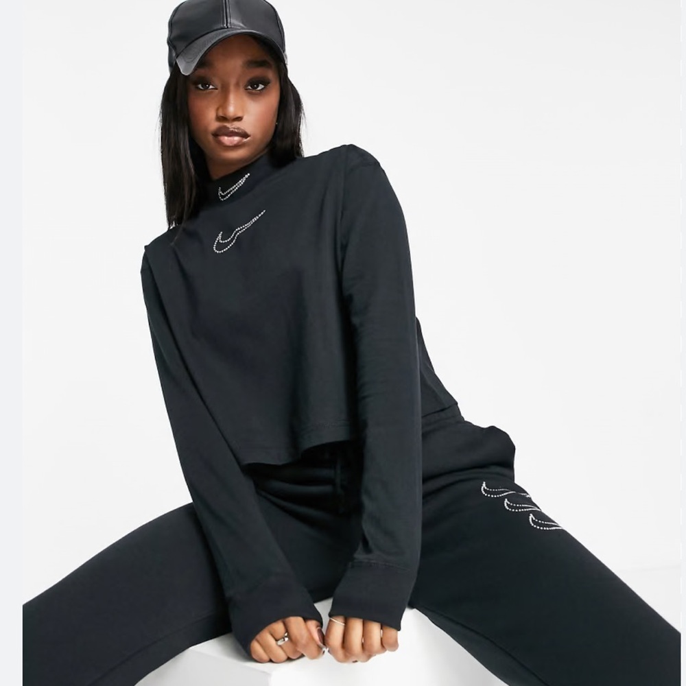 Nike Black Rhinestone Swoosh Cropped Long Sleeve Top